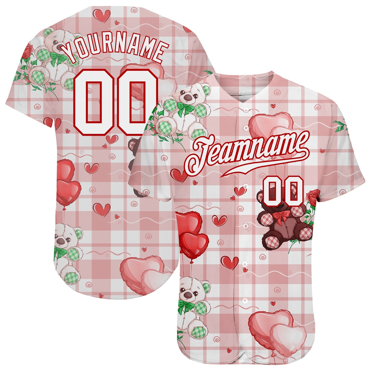 Custom White White-Red 3D Pattern Design Teddy Bears Authentic Baseball Jersey - Main View