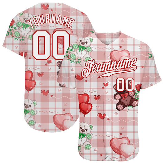 Custom White White-Red 3D Pattern Design Teddy Bears Authentic Baseball Jersey - Main View