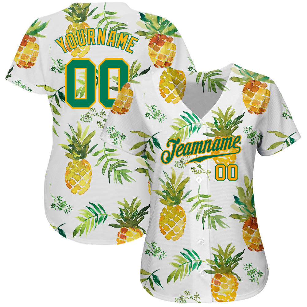 Custom White Kelly Green-Gold 3D Pattern Design Hawaii Pineapples Authentic Baseball Jersey view 3