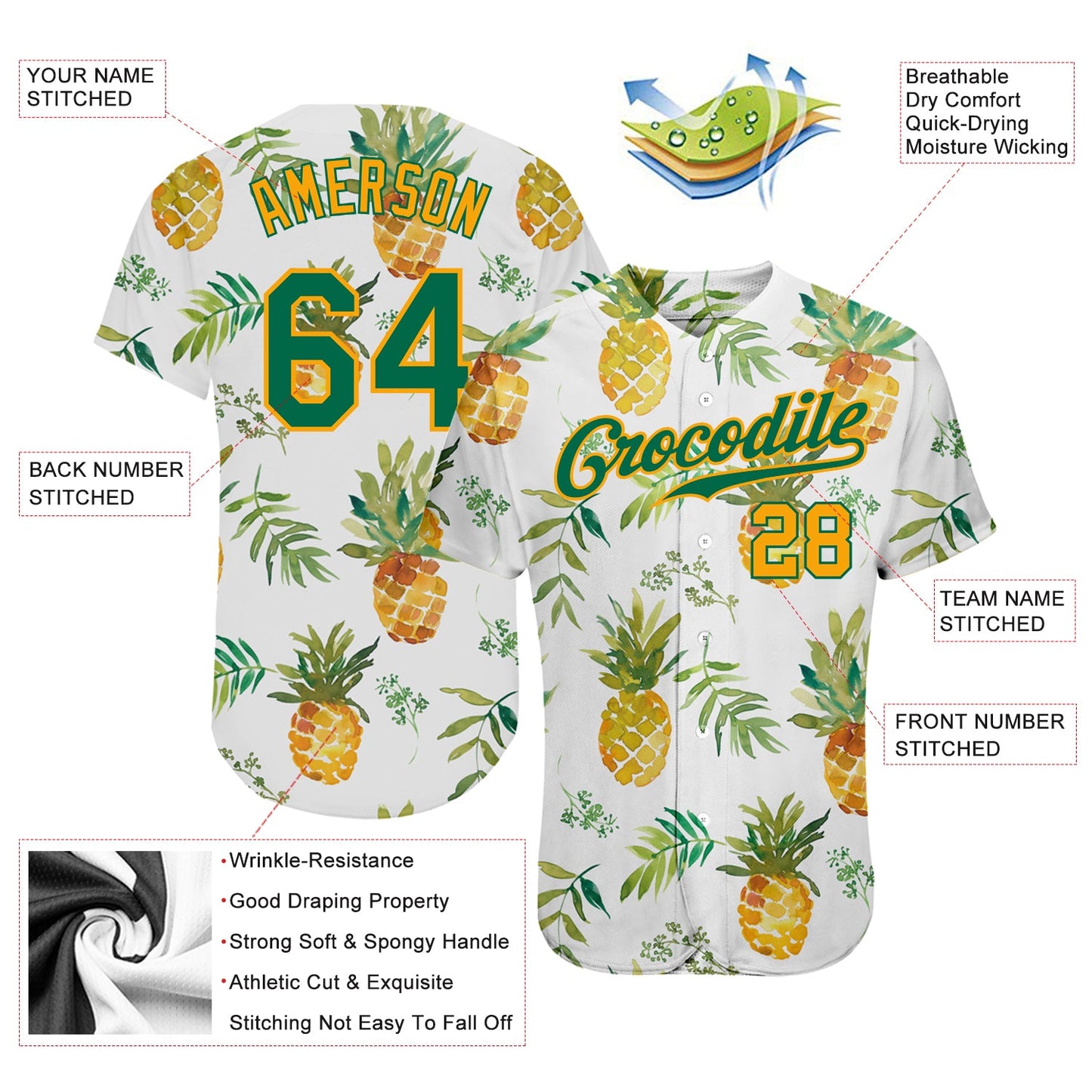 Custom White Kelly Green-Gold 3D Pattern Design Hawaii Pineapples Authentic Baseball Jersey view 4
