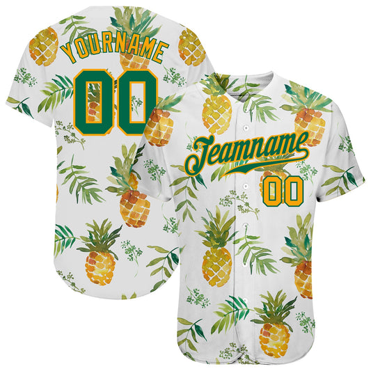 Custom White Kelly Green-Gold 3D Pattern Design Hawaii Pineapples Authentic Baseball Jersey - Main View