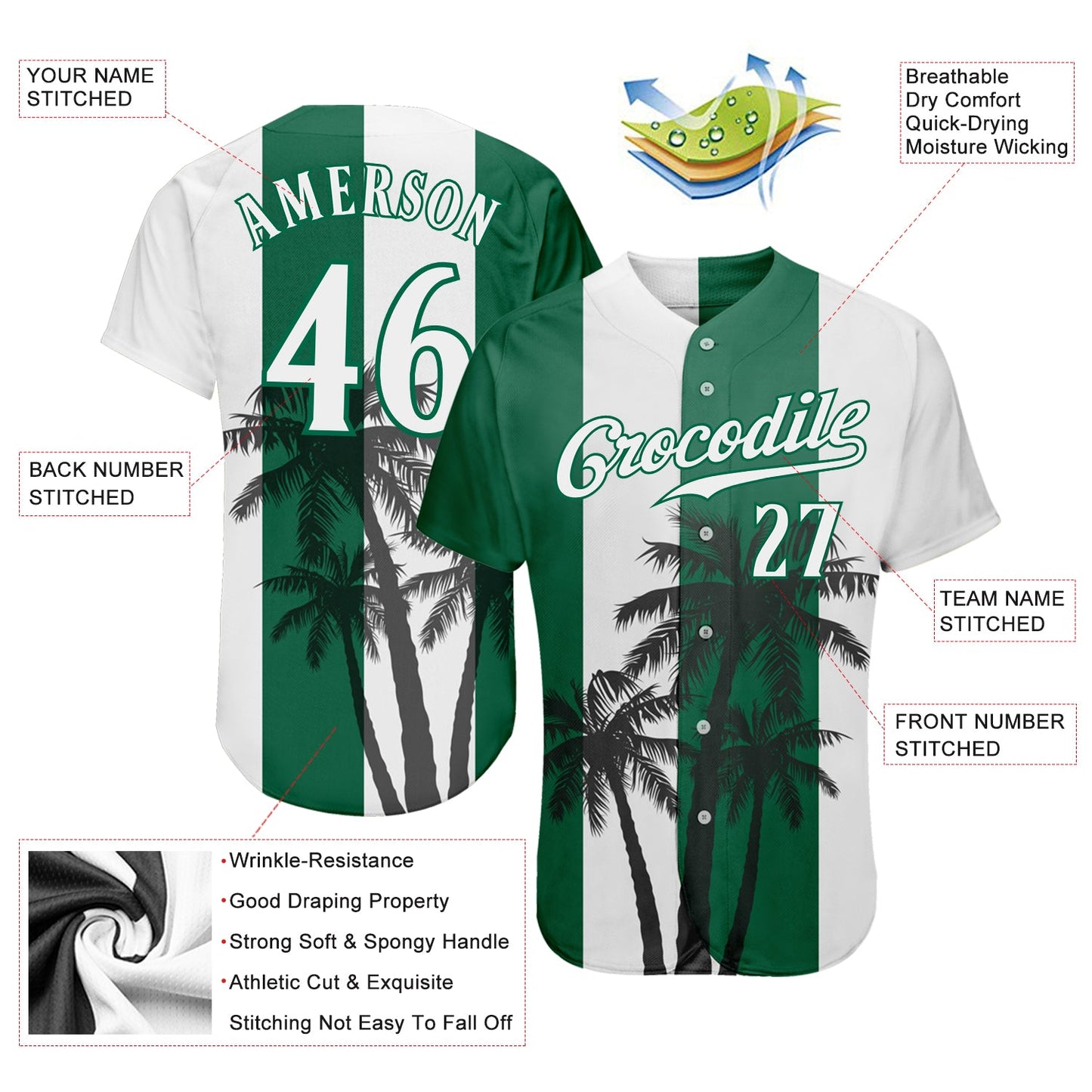 Custom White White-Kelly Green 3D Pattern Design Hawaii Coconut Trees Authentic Baseball Jersey view 3