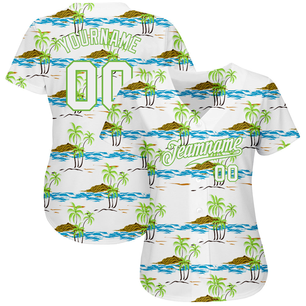 Custom White White-Neon Green 3D Pattern Design Beaches Authentic Baseball Jersey view 2