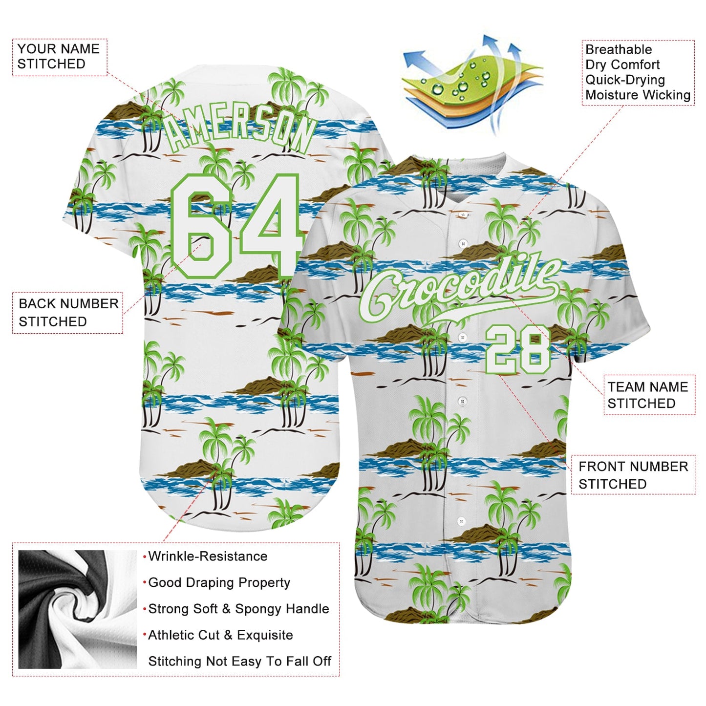 Custom White White-Neon Green 3D Pattern Design Beaches Authentic Baseball Jersey view 3