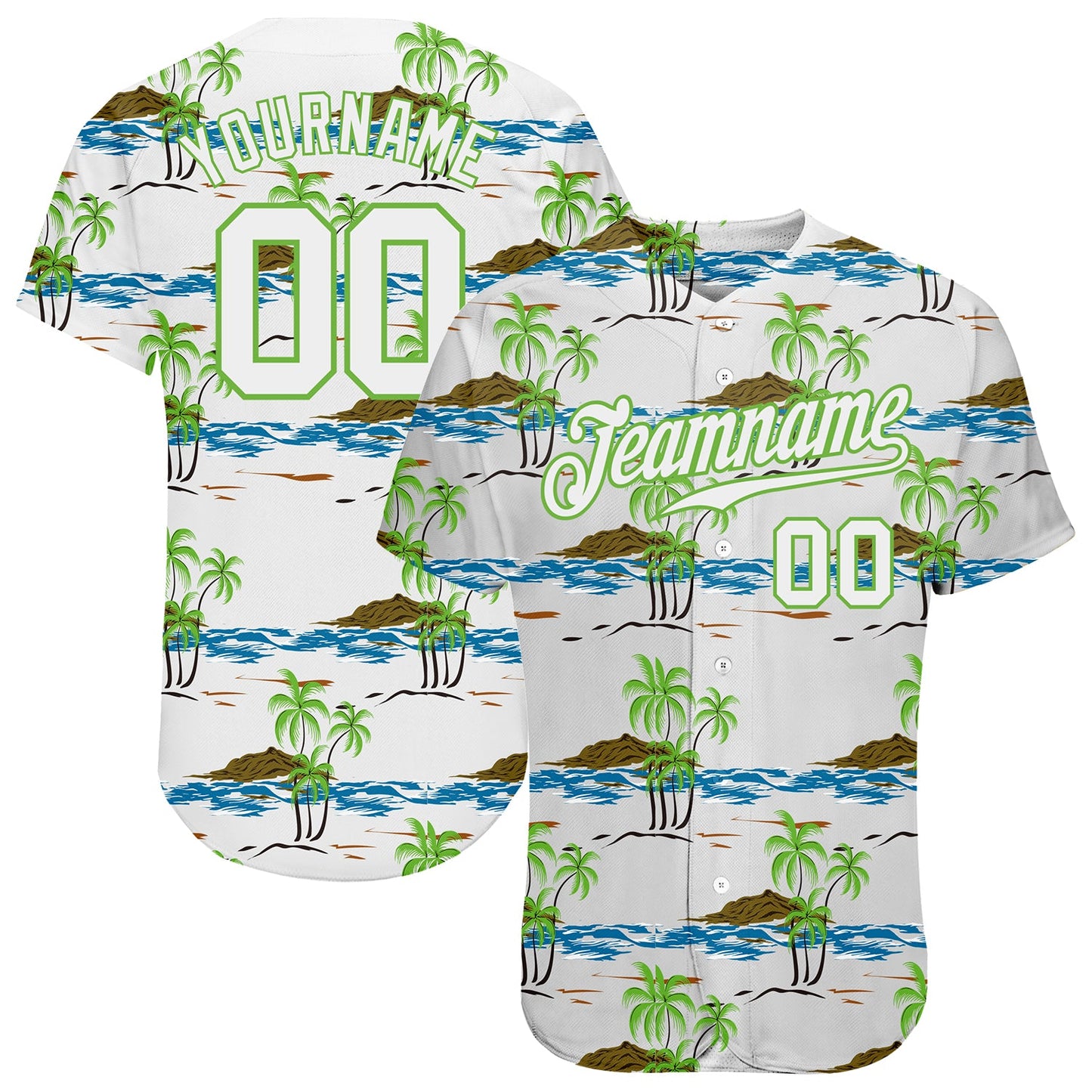 Custom White White-Neon Green 3D Pattern Design Beaches Authentic Baseball Jersey - Main View