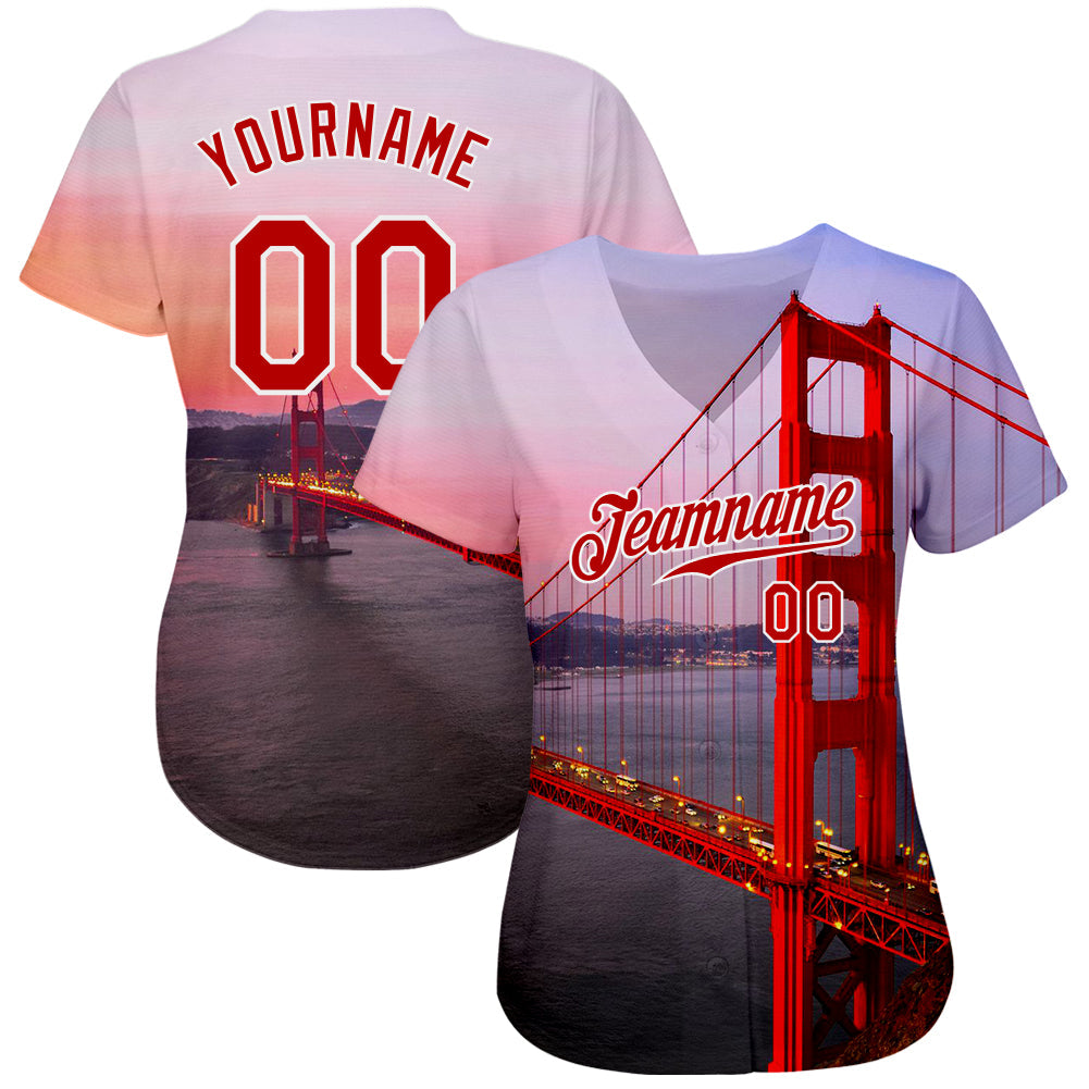 Custom White Red-White 3D Pattern Design Golden Gate Bridge Authentic Baseball Jersey view 2