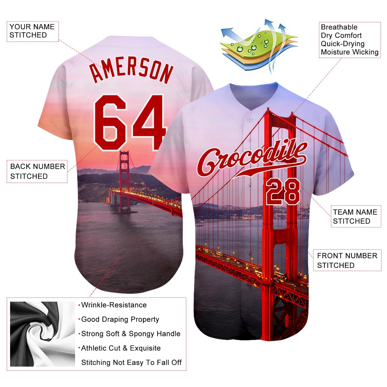 Custom White Red-White 3D Pattern Design Golden Gate Bridge Authentic Baseball Jersey view 3