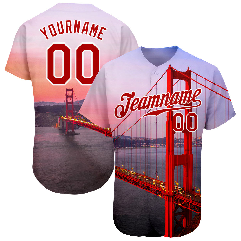 Custom White Red-White 3D Pattern Design Golden Gate Bridge Authentic Baseball Jersey - Main View