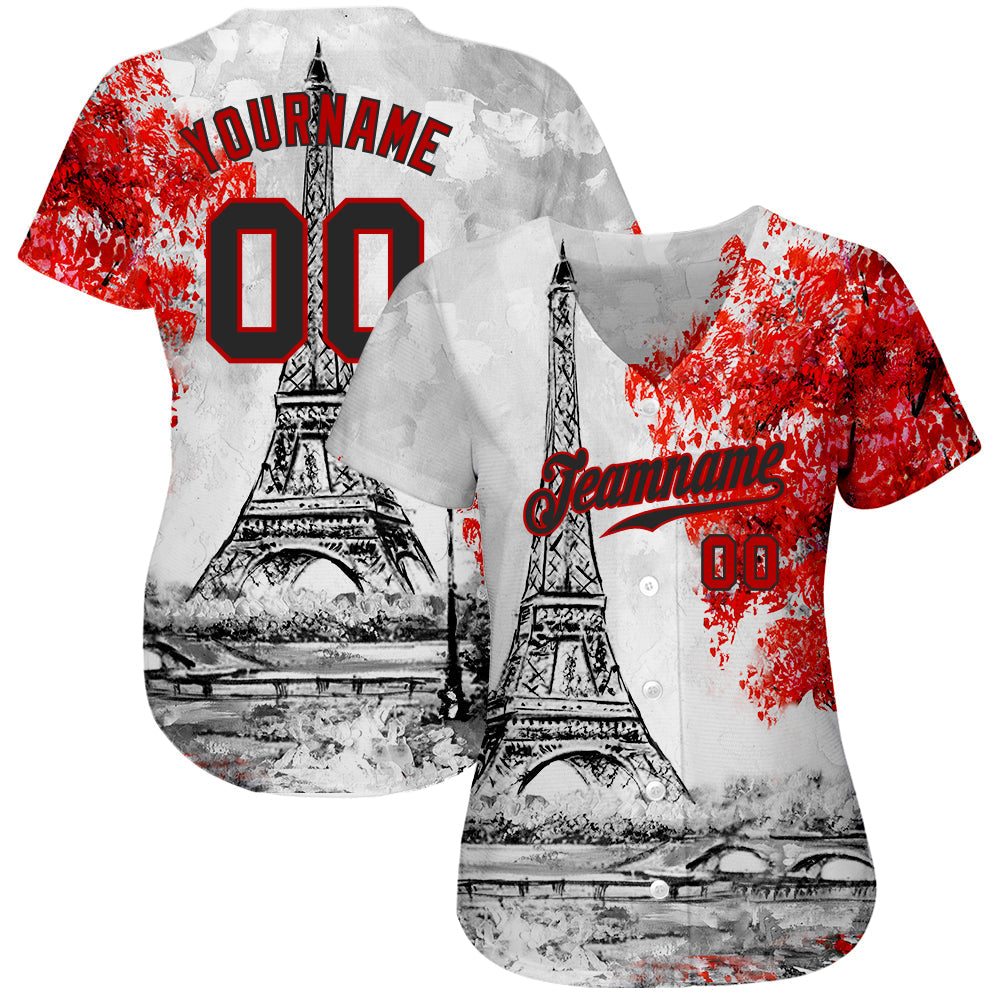 Custom White Black-Red 3D Pattern Design Eiffel Tower Authentic Baseball Jersey view 2