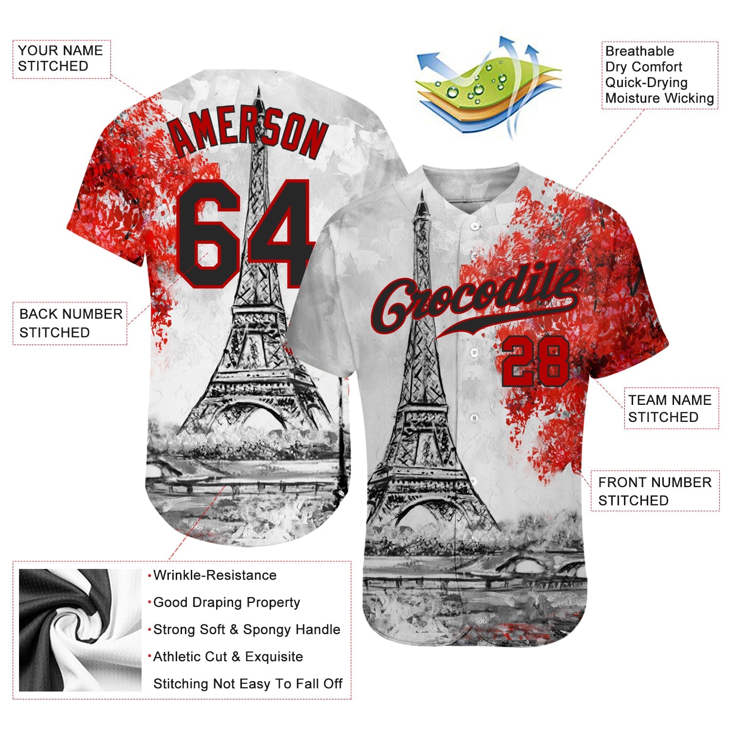 Custom White Black-Red 3D Pattern Design Eiffel Tower Authentic Baseball Jersey view 3