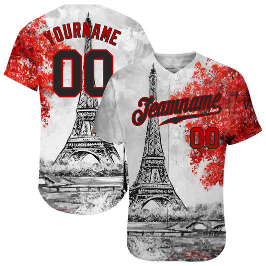 Custom White Black-Red 3D Pattern Design Eiffel Tower Authentic Baseball Jersey - Main View
