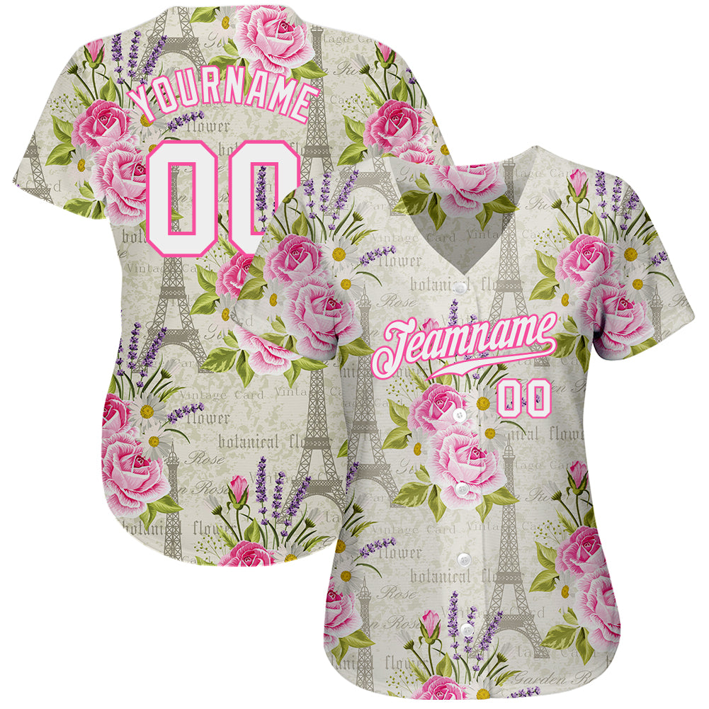 Custom White White-Pink 3D Pattern Design Floral Pattern With The Eiffel Tower Authentic Baseball Jersey view 2