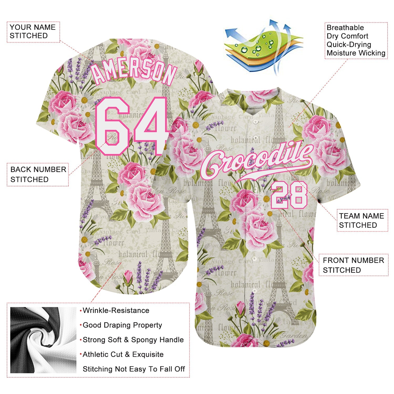 Custom White White-Pink 3D Pattern Design Floral Pattern With The Eiffel Tower Authentic Baseball Jersey view 3