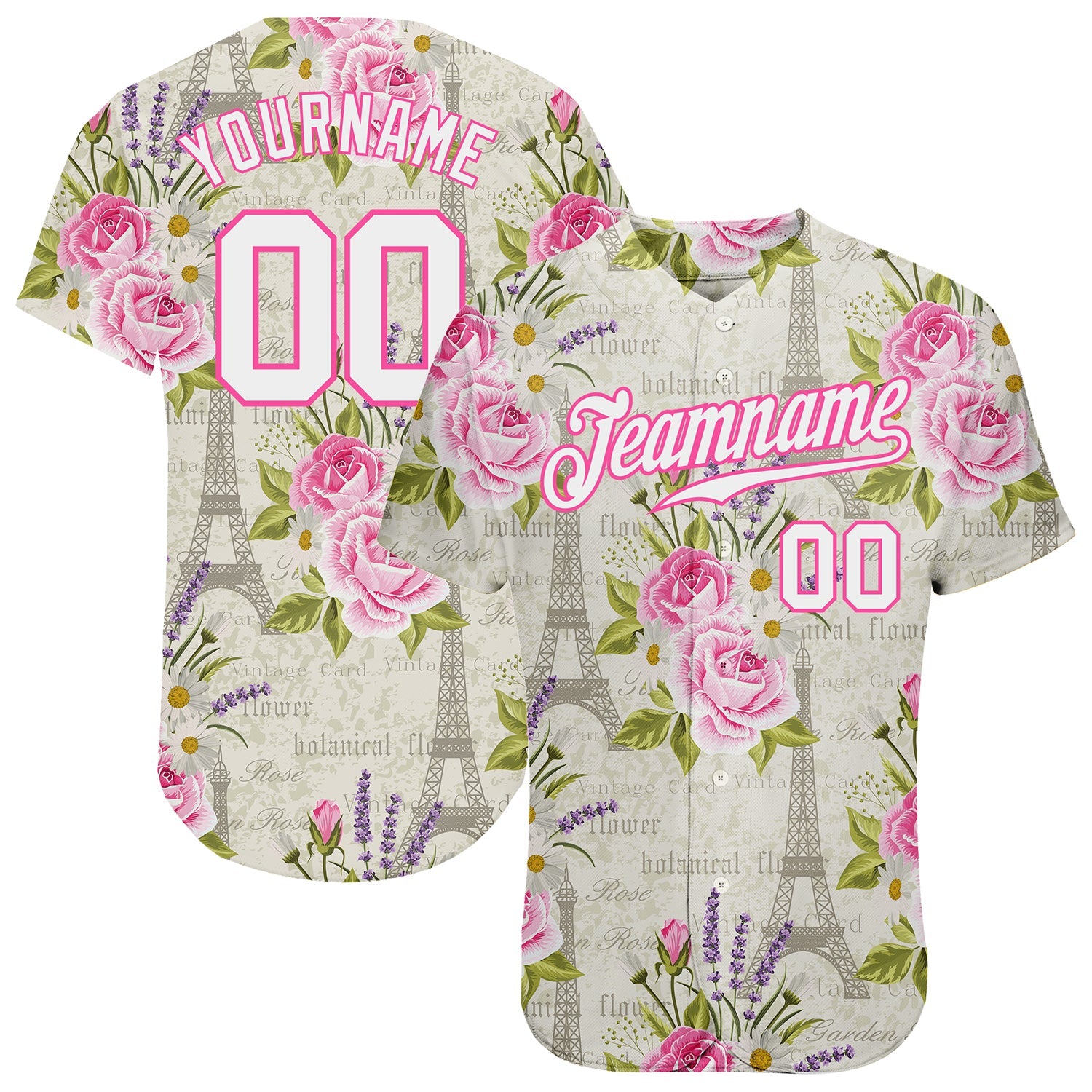 Custom White White-Pink 3D Pattern Design Floral Pattern With The Eiffel Tower Authentic Baseball Jersey - Main View
