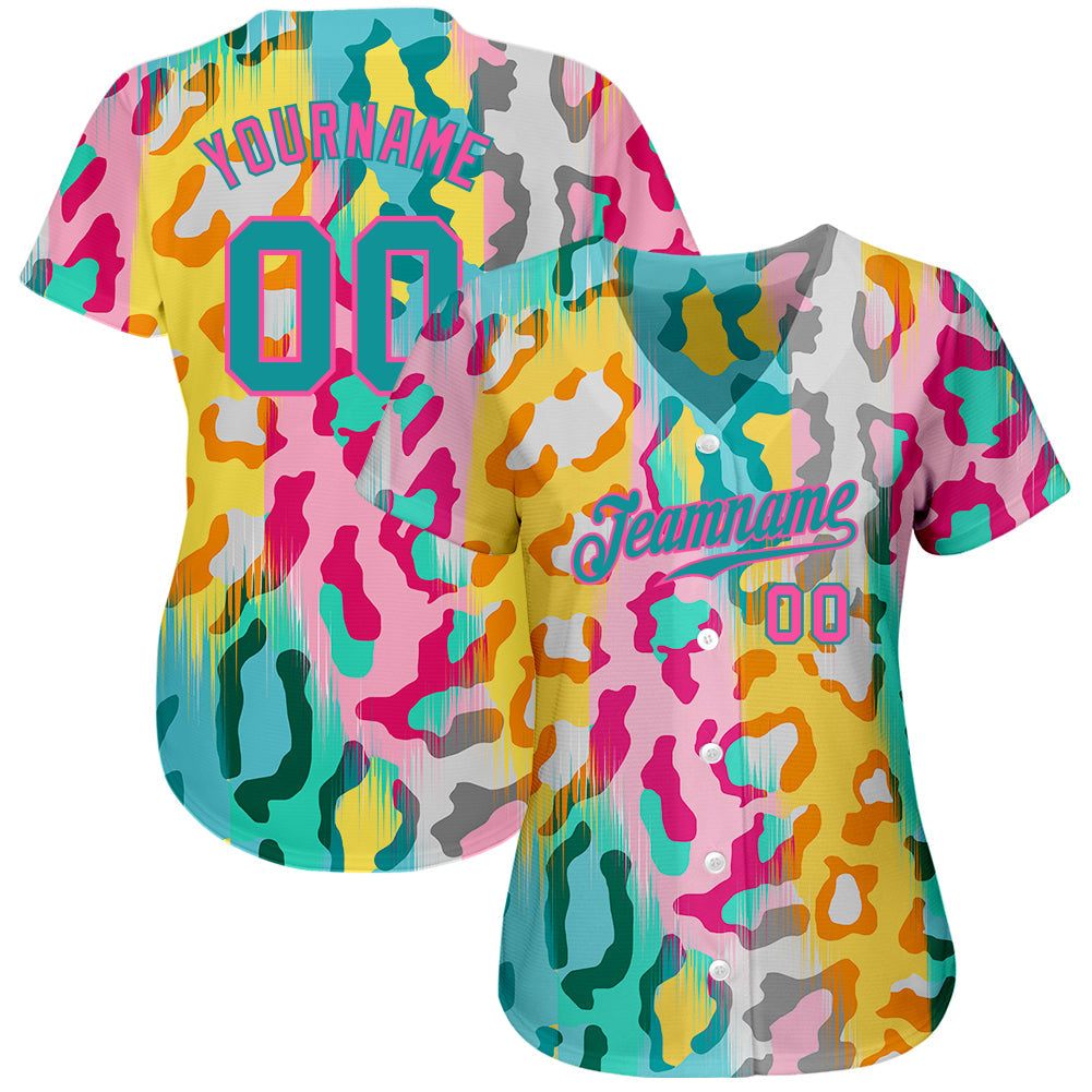 Custom White Teal-Pink 3D Pattern Design Leopard Authentic Baseball Jersey view 2
