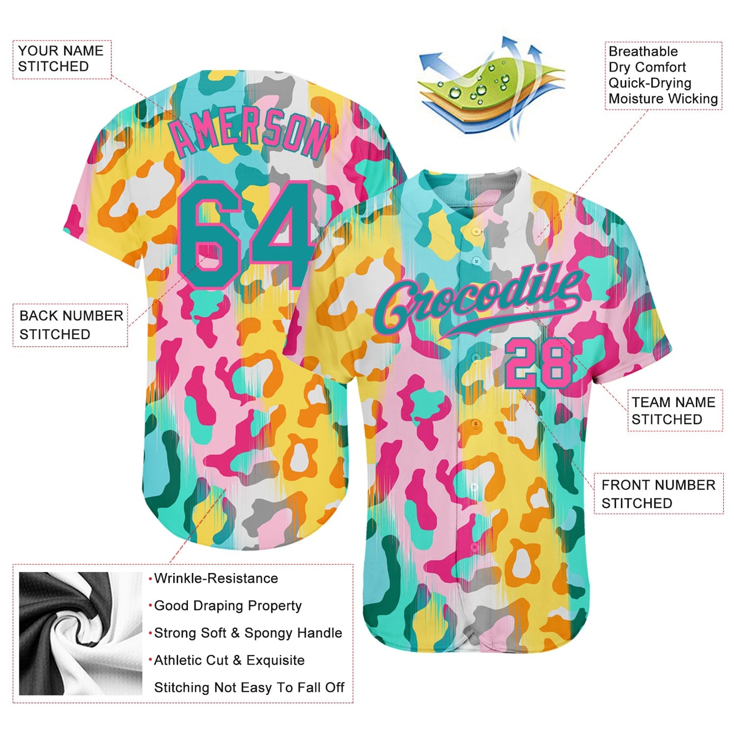 Custom White Teal-Pink 3D Pattern Design Leopard Authentic Baseball Jersey view 3