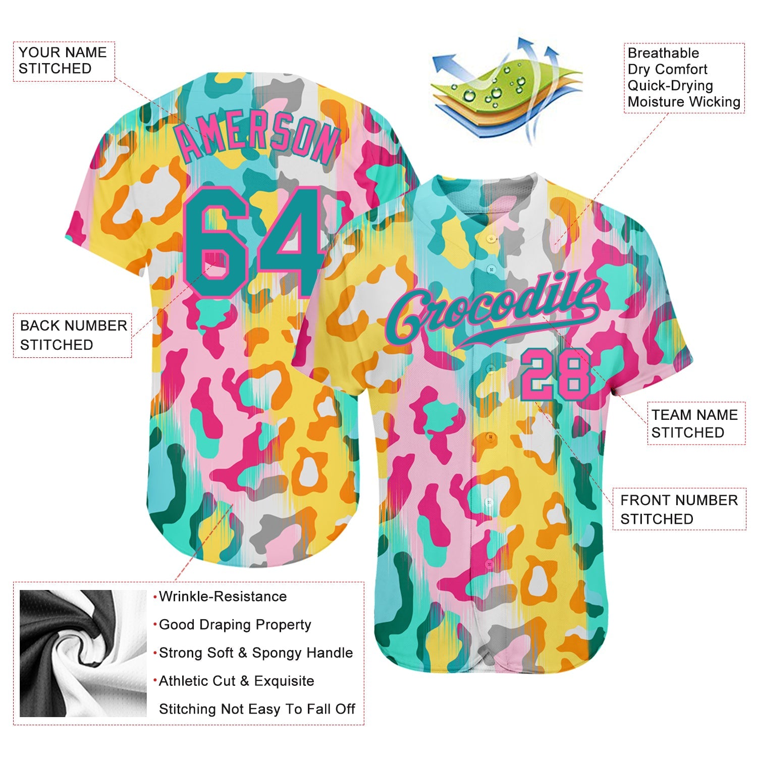 Custom White Teal-Pink 3D Pattern Design Leopard Authentic Baseball Jersey view 3