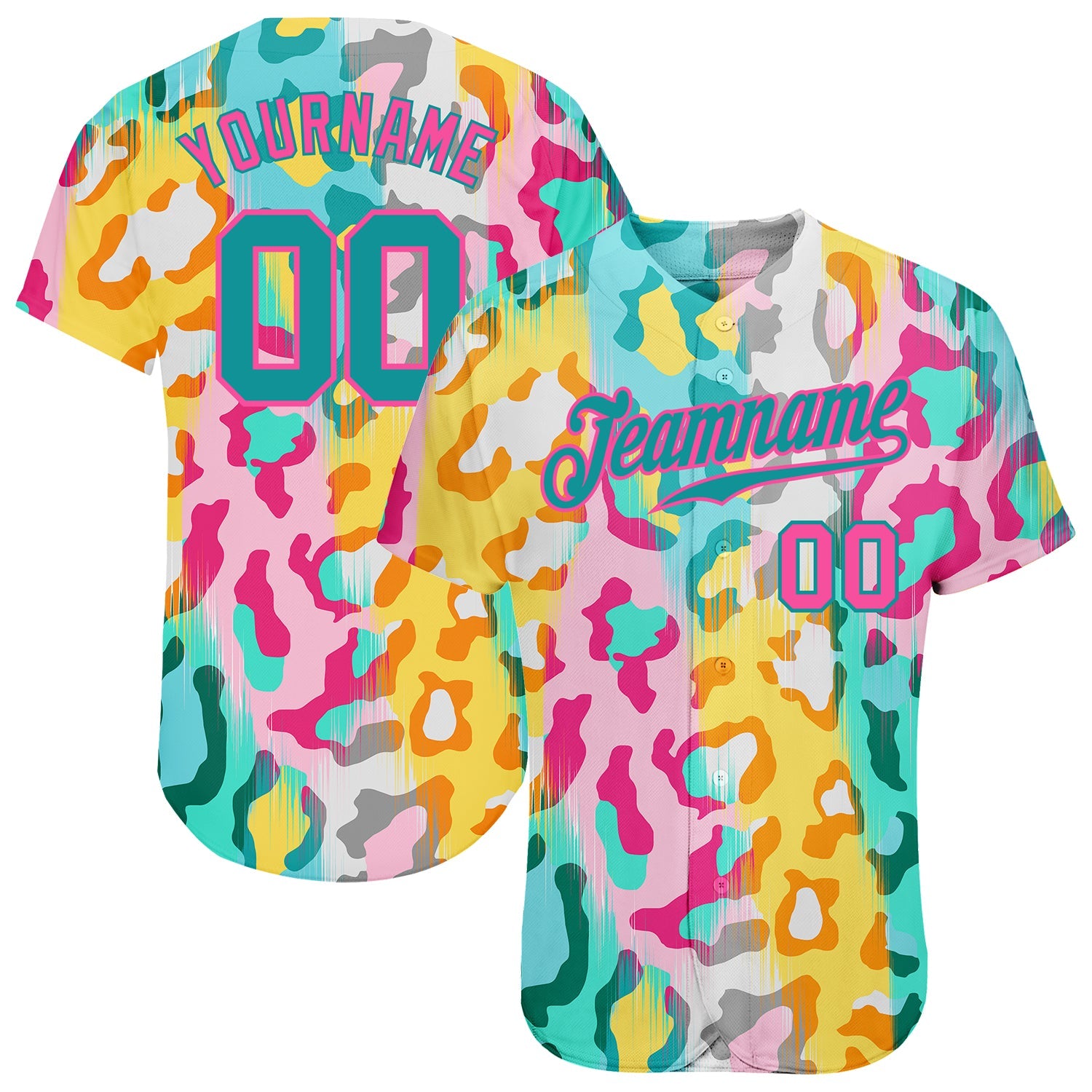 Custom White Teal-Pink 3D Pattern Design Leopard Authentic Baseball Jersey - Main View