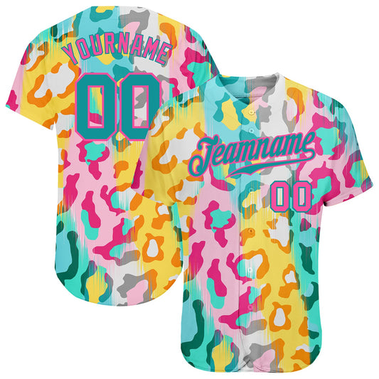 Custom White Teal-Pink 3D Pattern Design Leopard Authentic Baseball Jersey - Main View