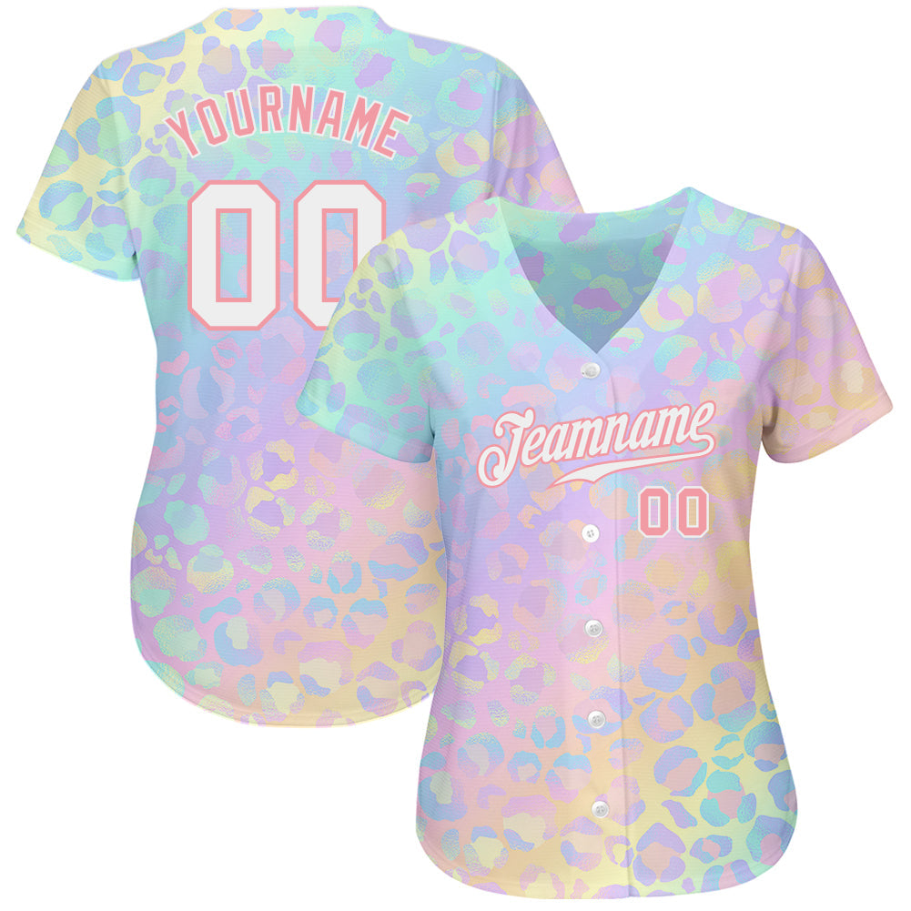 Custom White White-Medium Pink 3D Pattern Design Leopard Authentic Baseball Jersey view 2
