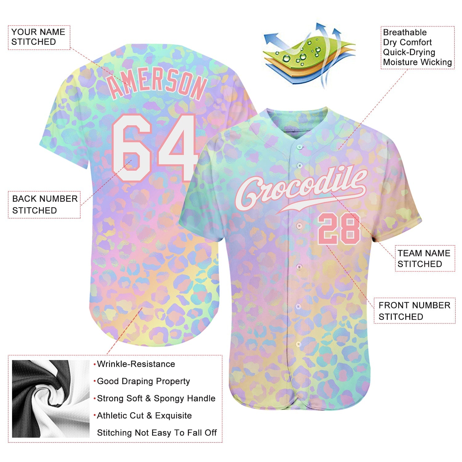 Custom White White-Medium Pink 3D Pattern Design Leopard Authentic Baseball Jersey view 3