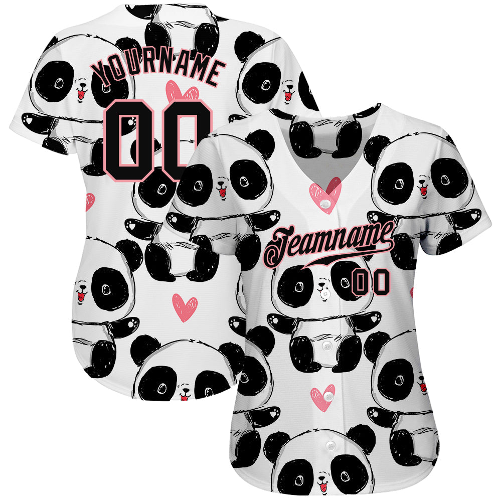 Custom White Black-Medium Pink 3D Pattern Design Pandas Authentic Baseball Jersey view 2