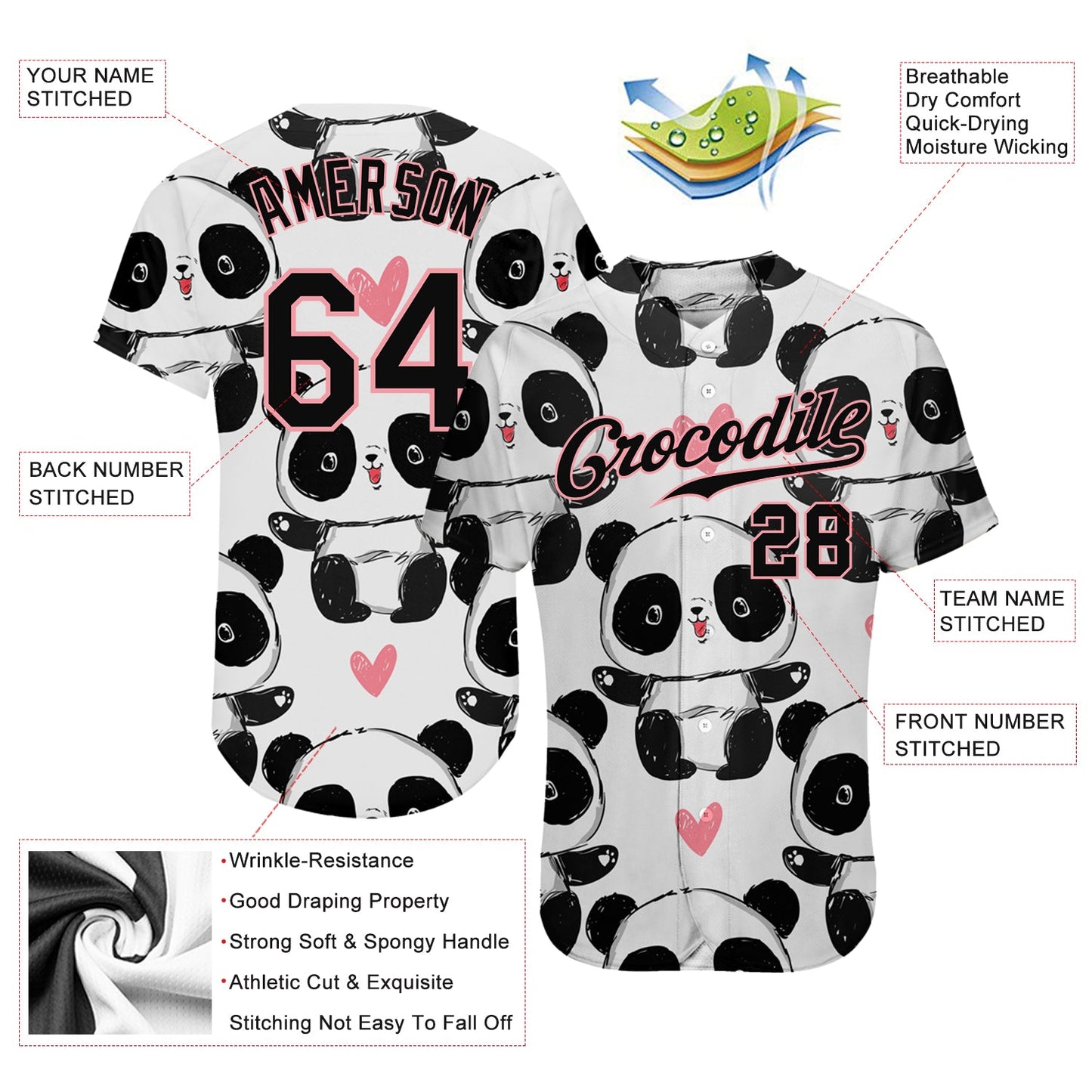 Custom White Black-Medium Pink 3D Pattern Design Pandas Authentic Baseball Jersey view 3