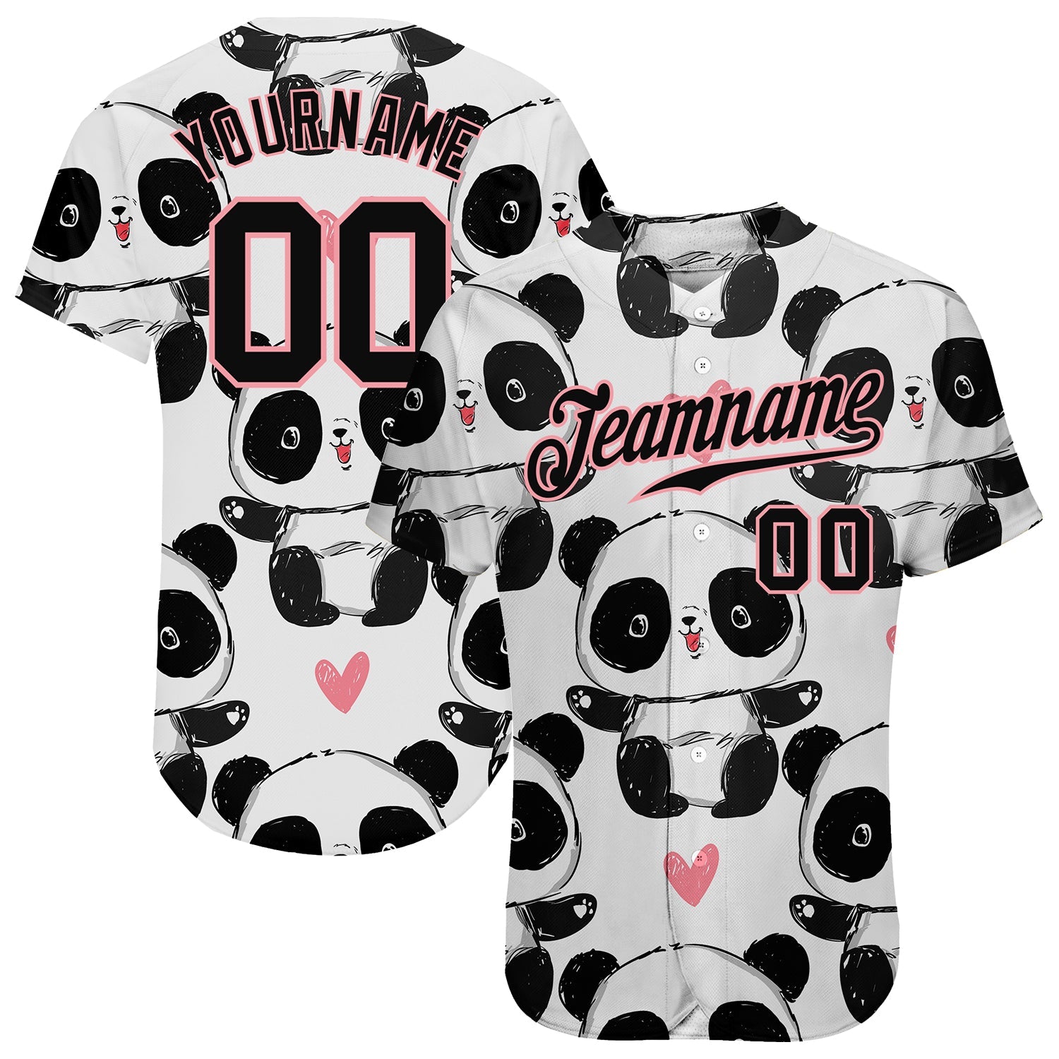 Custom White Black-Medium Pink 3D Pattern Design Pandas Authentic Baseball Jersey - Main View