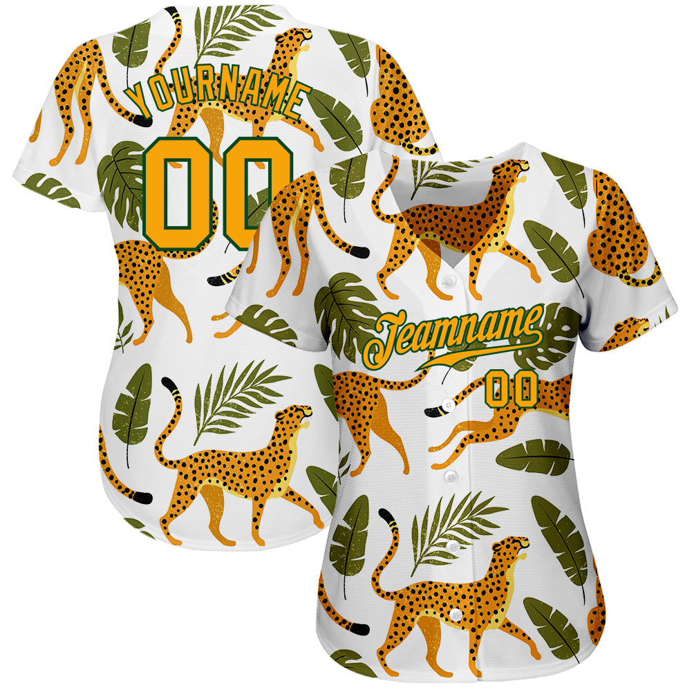 Custom White Gold-Green 3D Pattern Design Leopards And Tropical Palm Leaves Authentic Baseball Jersey view 2