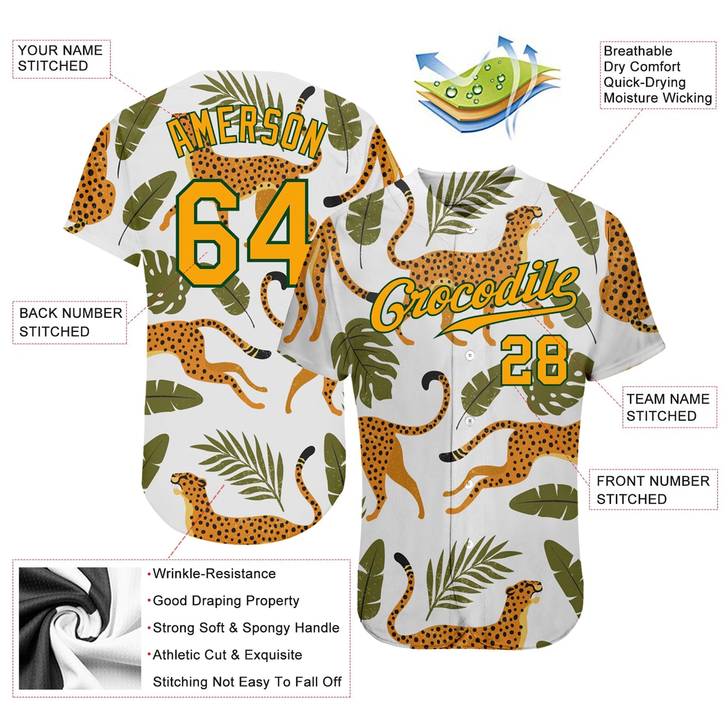 Custom White Gold-Green 3D Pattern Design Leopards And Tropical Palm Leaves Authentic Baseball Jersey view 3