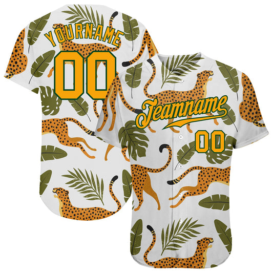 Custom White Gold-Green 3D Pattern Design Leopards And Tropical Palm Leaves Authentic Baseball Jersey - Main View