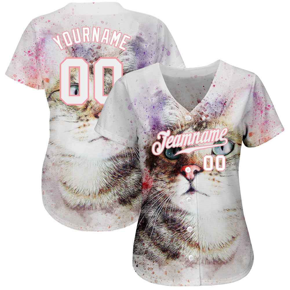 Custom White White-Medium Pink 3D Pattern Design Cat Authentic Baseball Jersey view 2