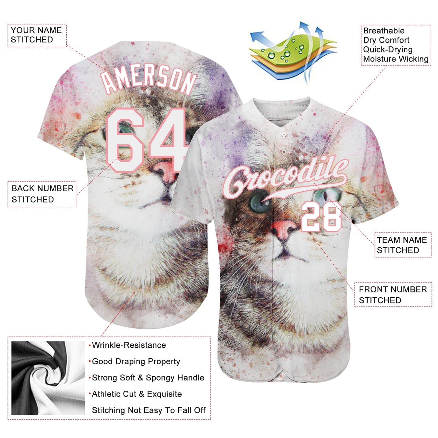 Custom White White-Medium Pink 3D Pattern Design Cat Authentic Baseball Jersey view 3