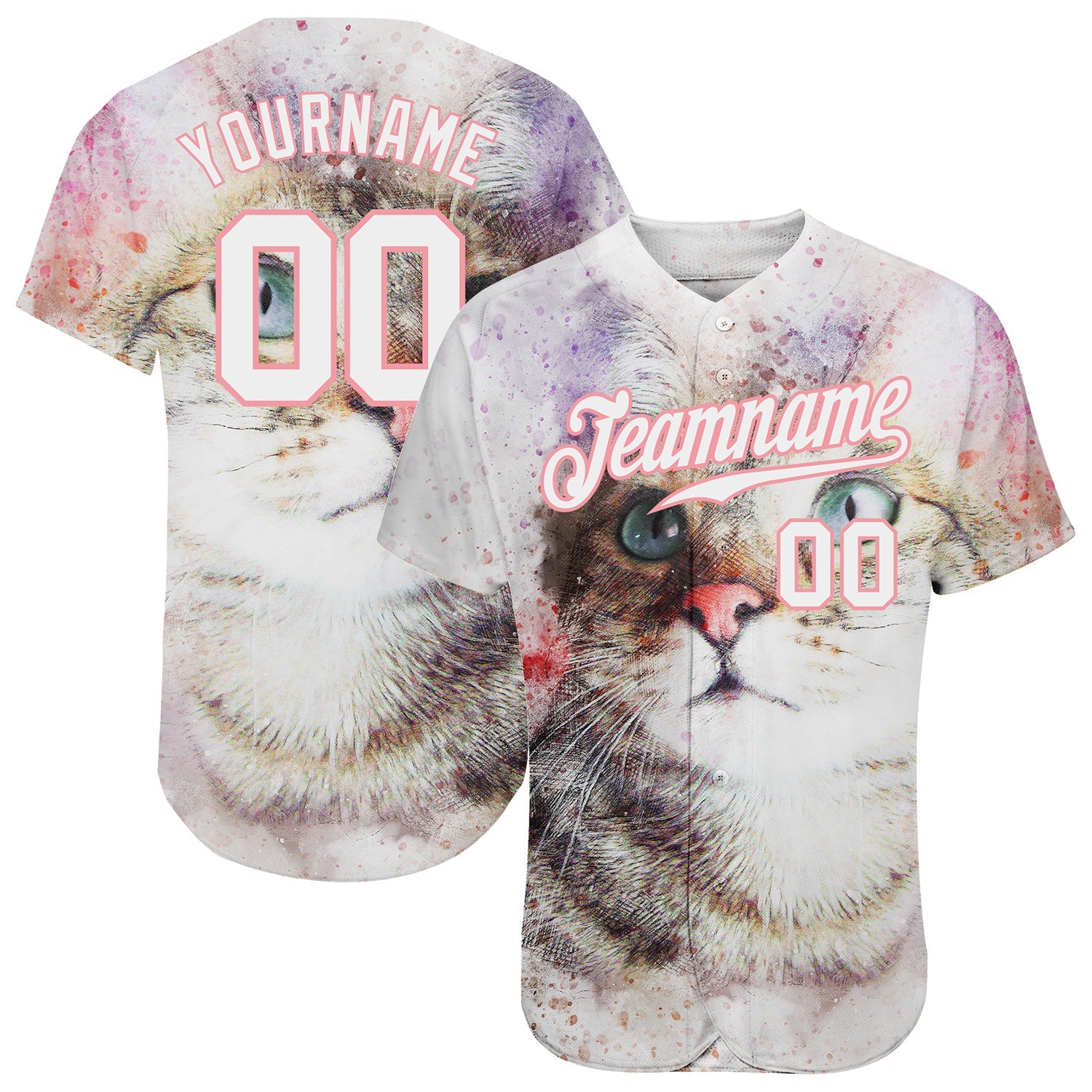 Custom White White-Medium Pink 3D Pattern Design Cat Authentic Baseball Jersey - Main View