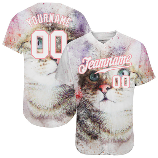 Custom White White-Medium Pink 3D Pattern Design Cat Authentic Baseball Jersey - Main View