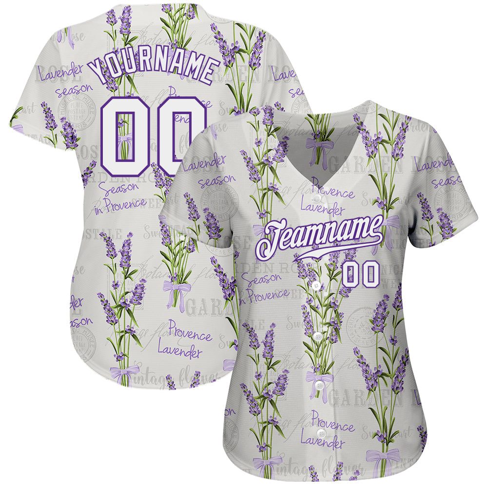 Custom White White-Purple 3D Pattern Design Lavenders Authentic Baseball Jersey view 2