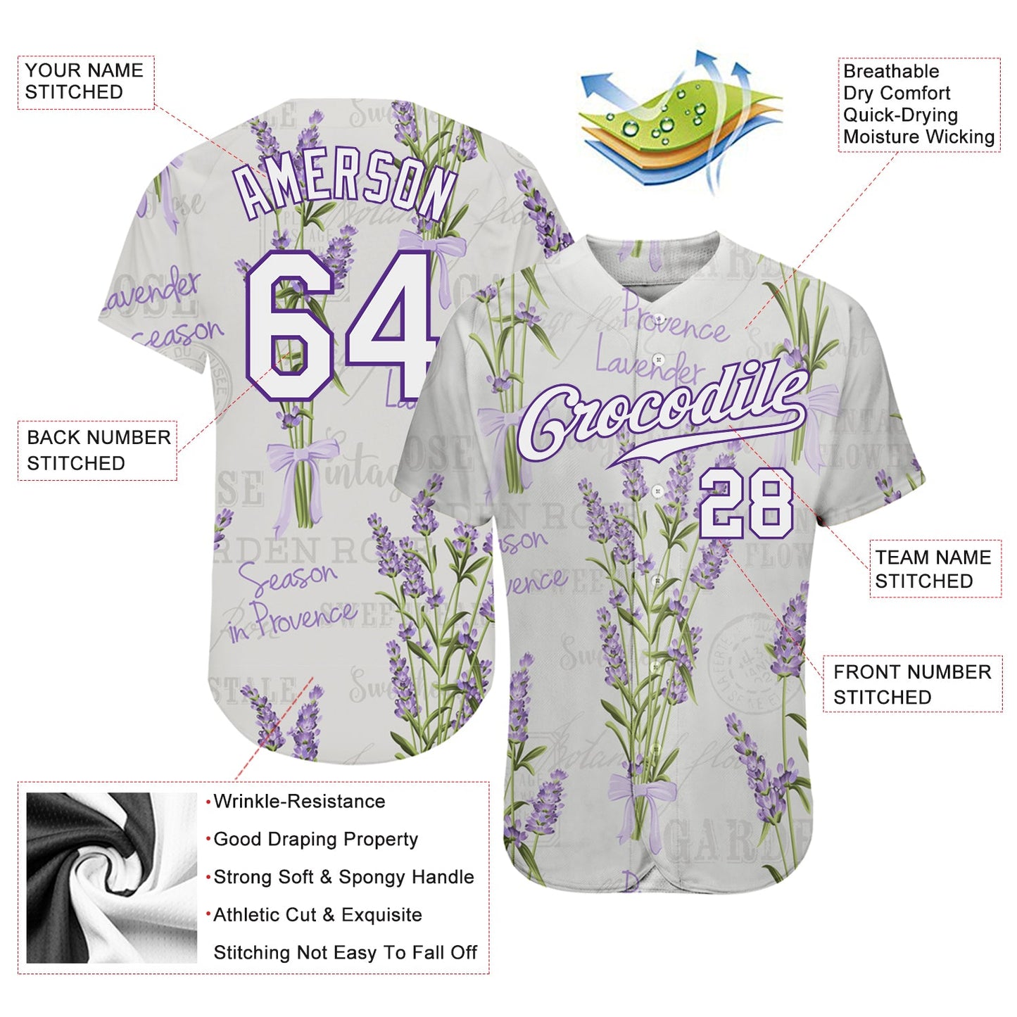 Custom White White-Purple 3D Pattern Design Lavenders Authentic Baseball Jersey view 3