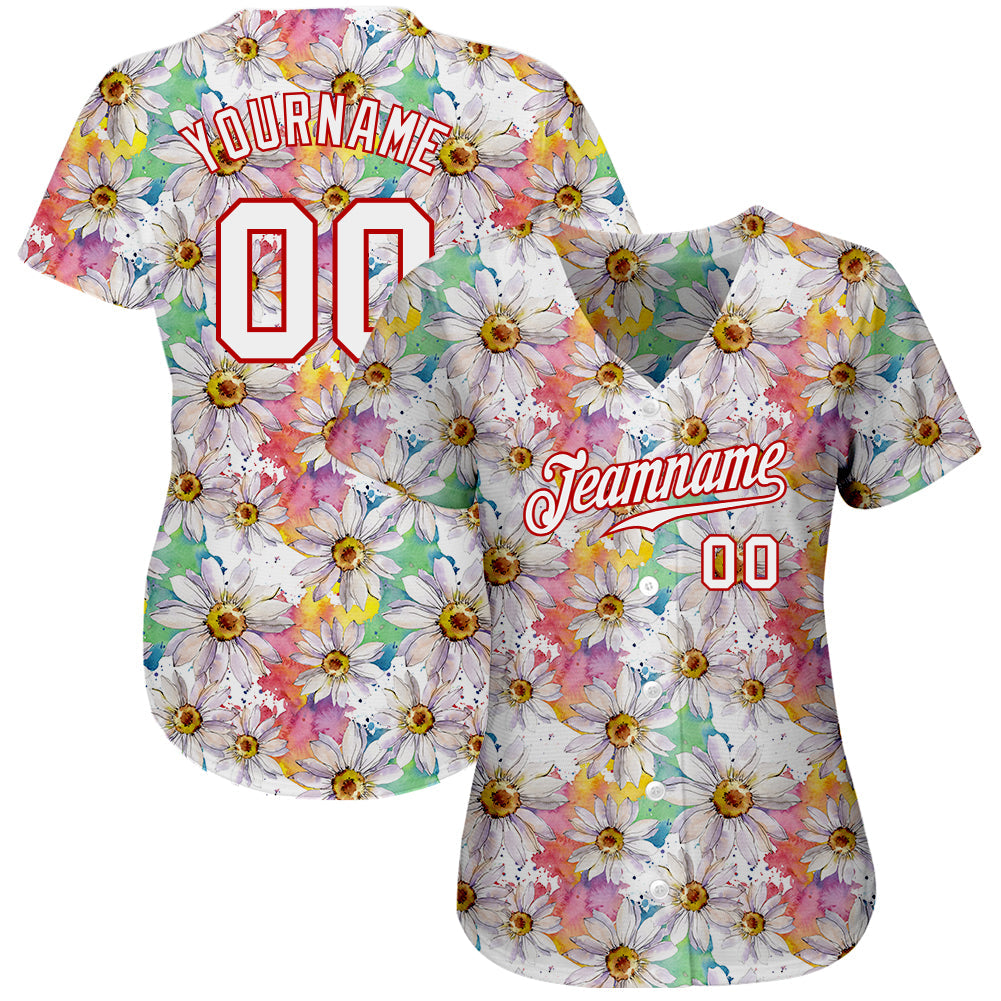 Custom White White-Red 3D Pattern Design Daisy Authentic Baseball Jersey view 2