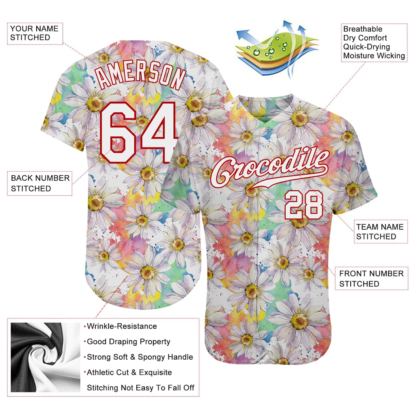 Custom White White-Red 3D Pattern Design Daisy Authentic Baseball Jersey view 3