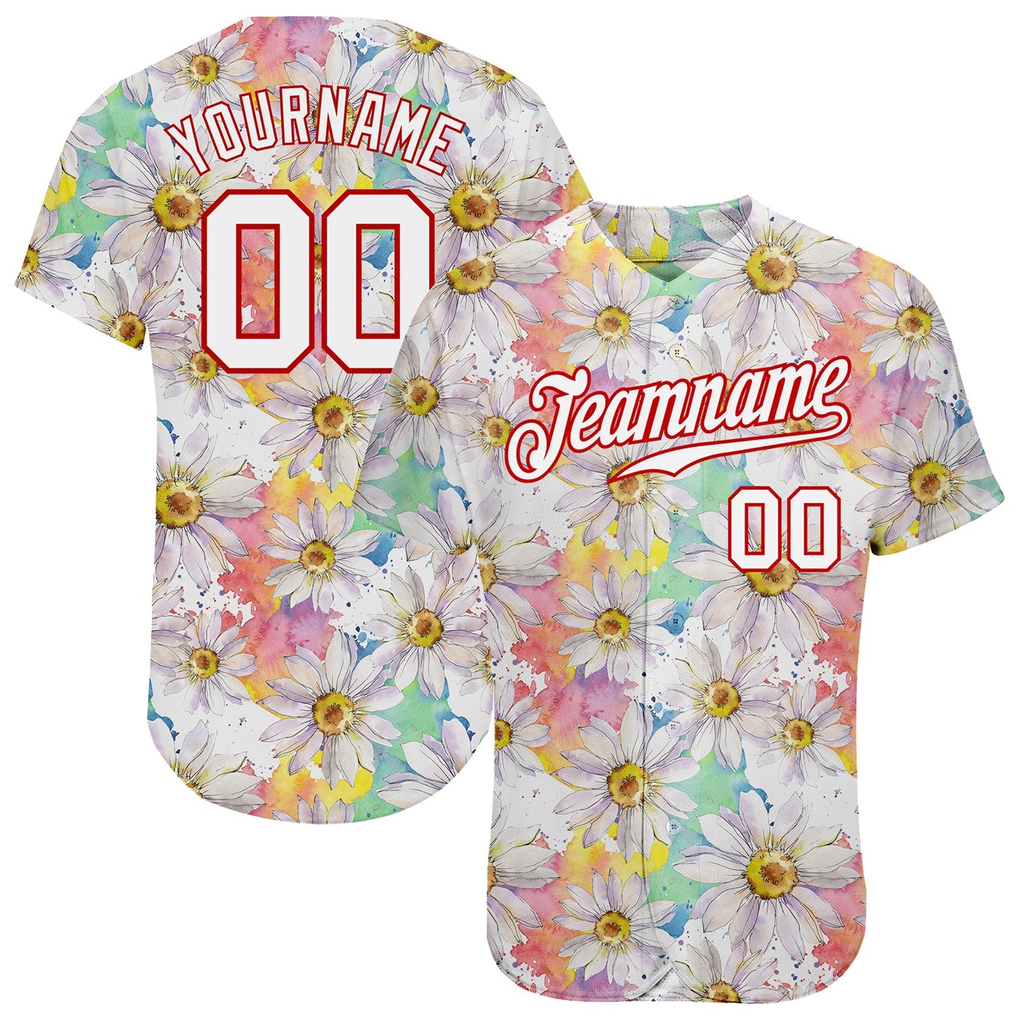 Custom White White-Red 3D Pattern Design Daisy Authentic Baseball Jersey - Main View