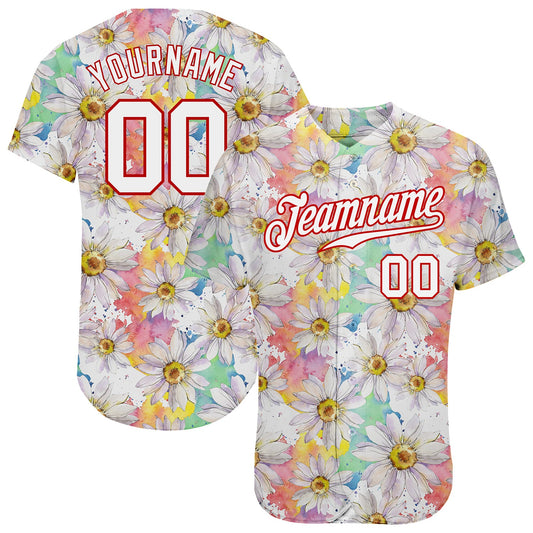 Custom White White-Red 3D Pattern Design Daisy Authentic Baseball Jersey - Main View