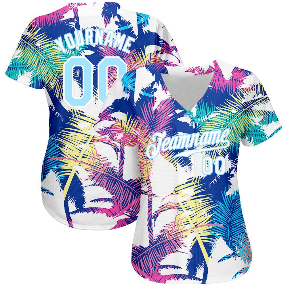 Custom White Light Blue 3D Pattern Design Hawaii Palm Trees Authentic Baseball Jersey view 2