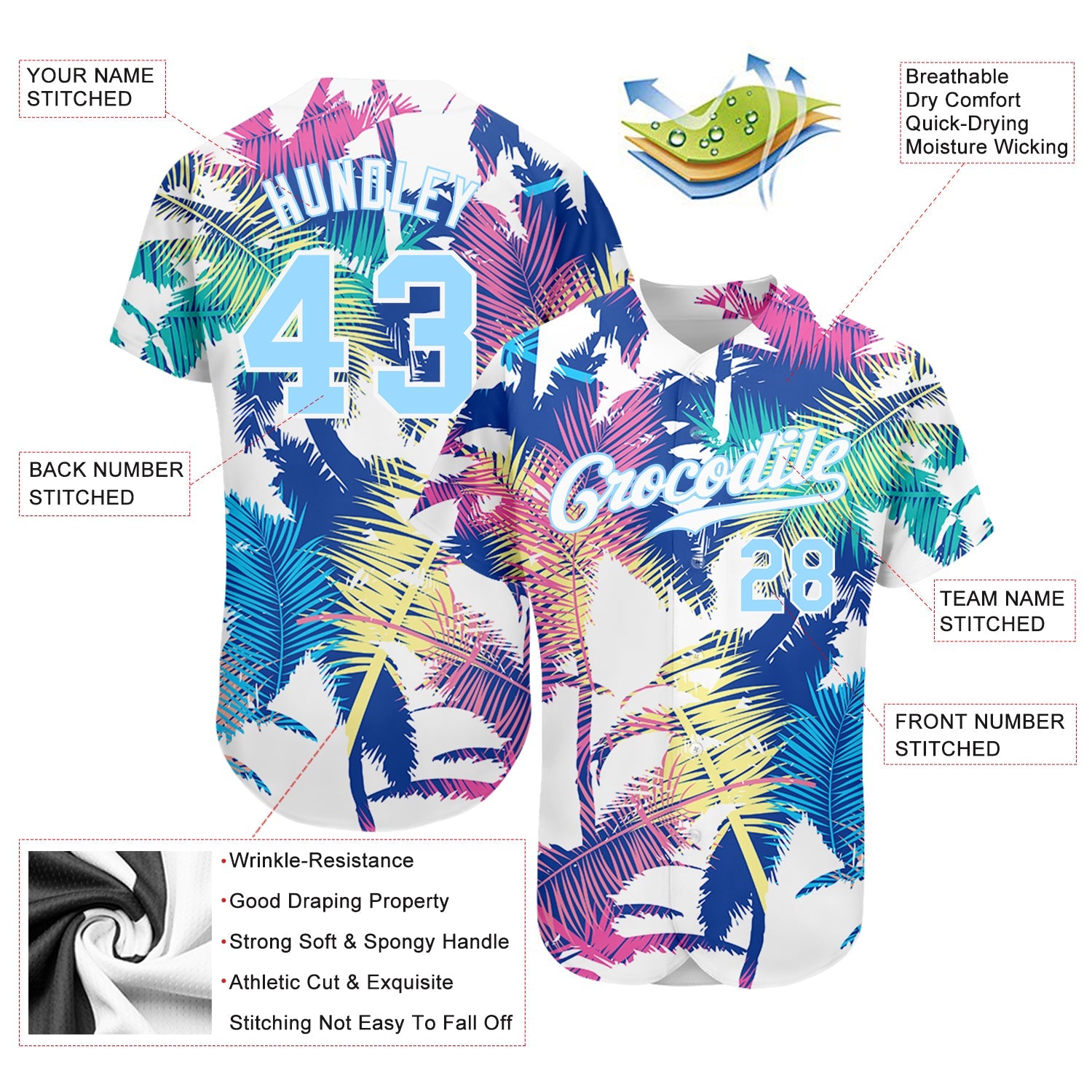 Custom White Light Blue 3D Pattern Design Hawaii Palm Trees Authentic Baseball Jersey view 3