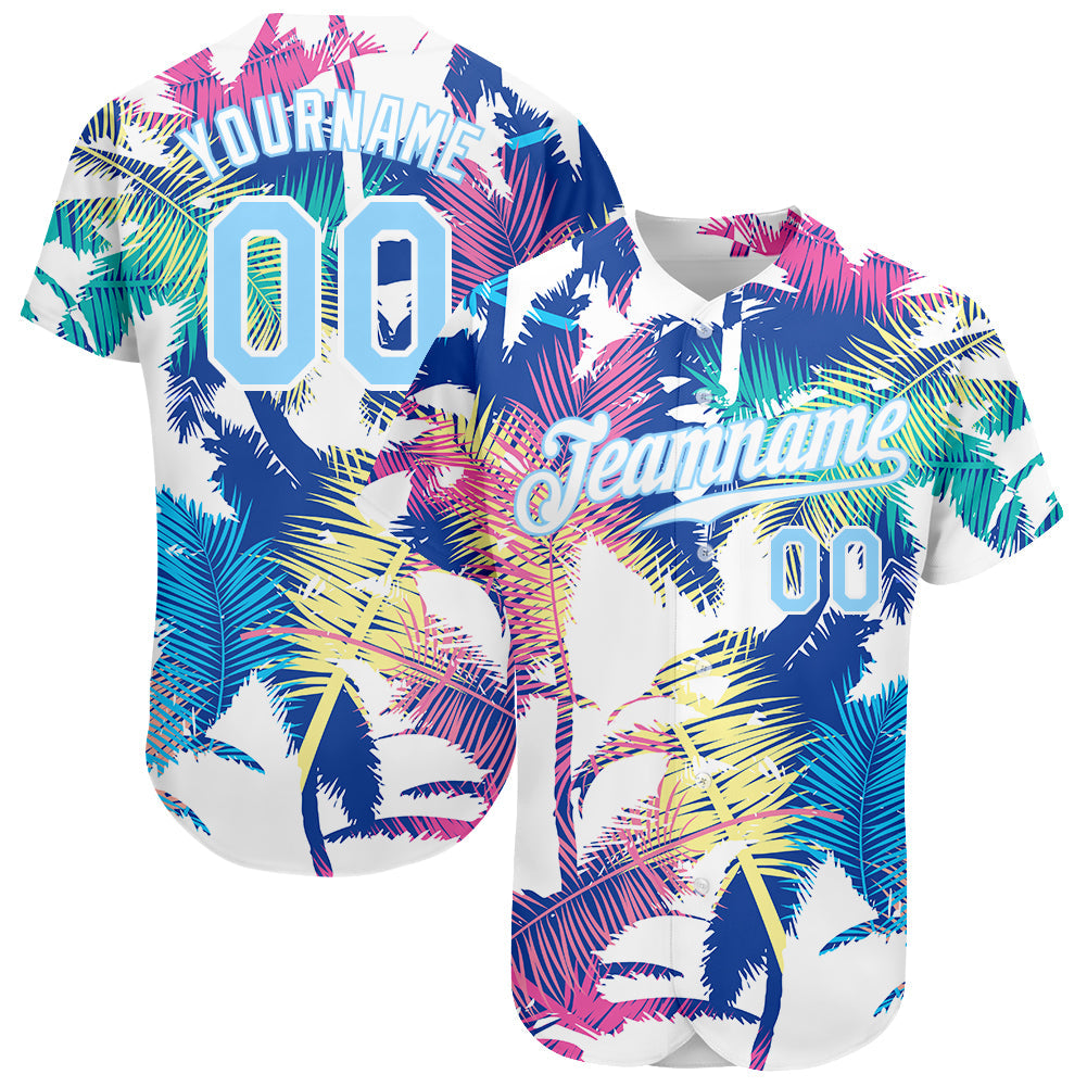 Custom White Light Blue 3D Pattern Design Hawaii Palm Trees Authentic Baseball Jersey - Main View