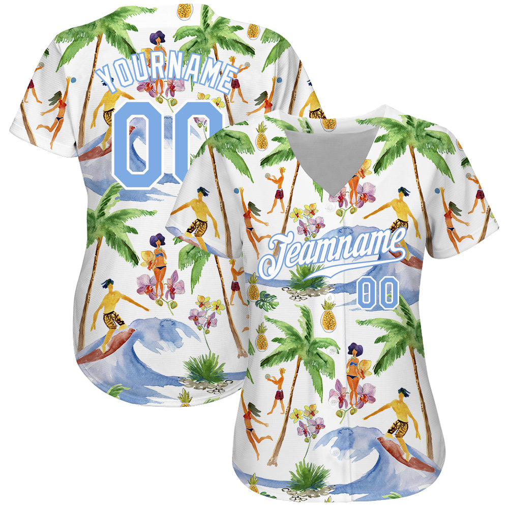 Custom White Light Blue-White 3D Pattern Design Hawaii Palm Trees Authentic Baseball Jersey view 2