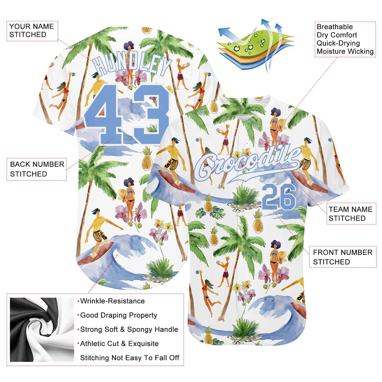 Custom White Light Blue-White 3D Pattern Design Hawaii Palm Trees Authentic Baseball Jersey view 3