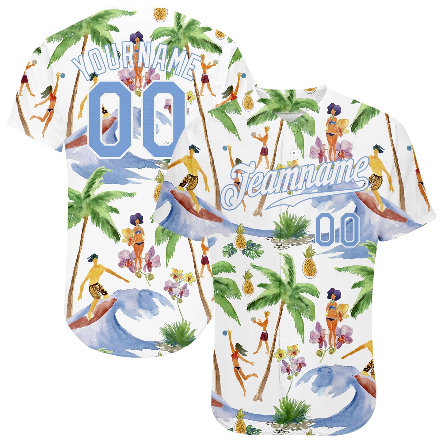 Custom White Light Blue-White 3D Pattern Design Hawaii Palm Trees Authentic Baseball Jersey - Main View