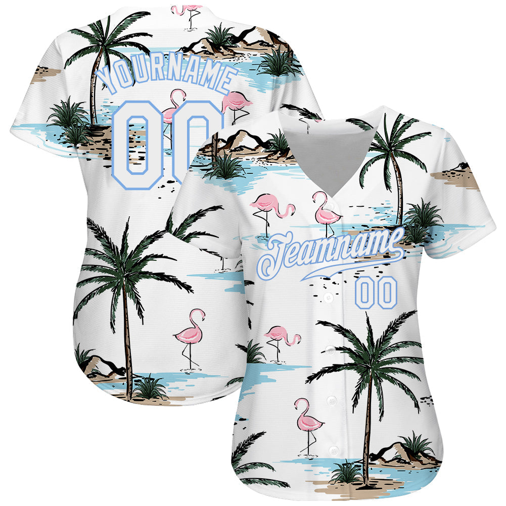 Custom White White-Light Blue 3D Pattern Design Hawaii Palm Trees Authentic Baseball Jersey view 2