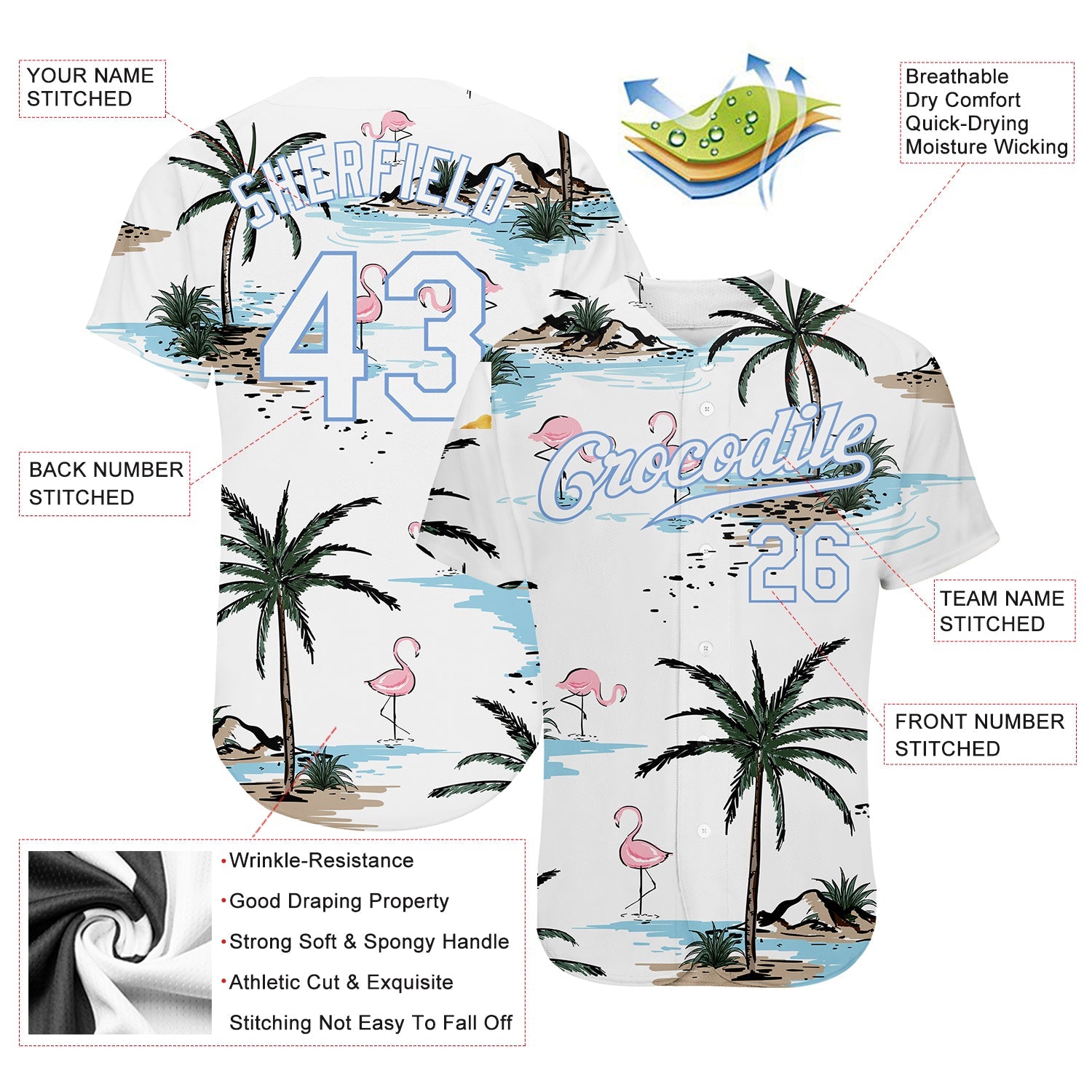 Custom White White-Light Blue 3D Pattern Design Hawaii Palm Trees Authentic Baseball Jersey view 3