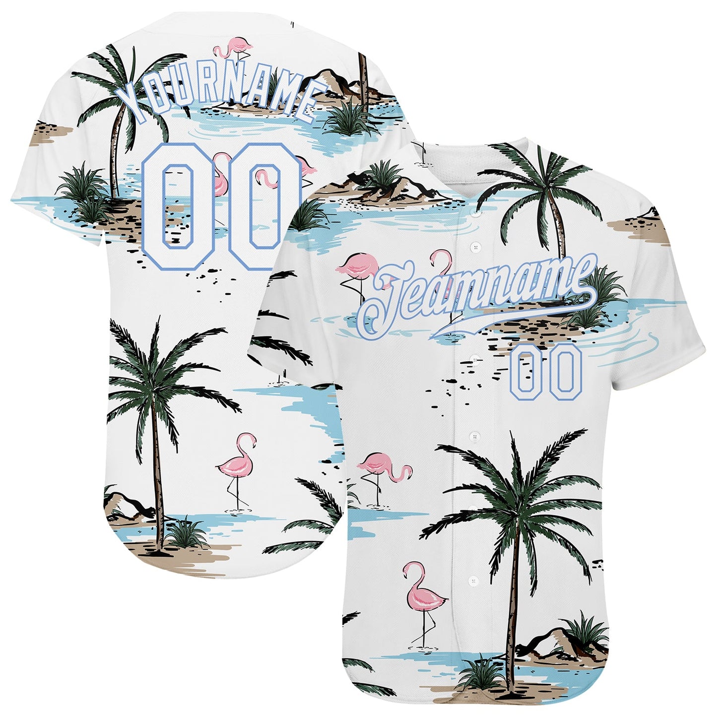 Custom White White-Light Blue 3D Pattern Design Hawaii Palm Trees Authentic Baseball Jersey - Main View
